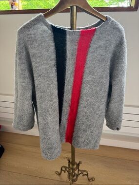 Gray Crewneck Sweater with Black and Red Stripe